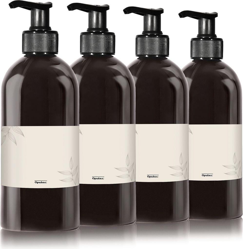 Oputec 4 x 500ml Seifenspender aus Kunststoff schwarz + Etiketten: Shampoo-Flaschen zum Befüllen, als Duschgel-Spender, Pumpspender - Küche Badez...