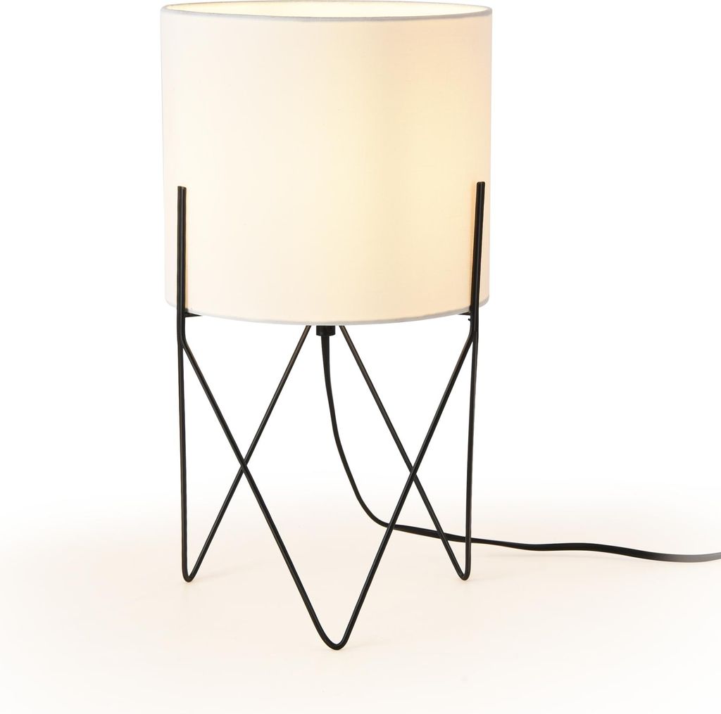 A white cylinder lamp with a black metal stand on a white background.