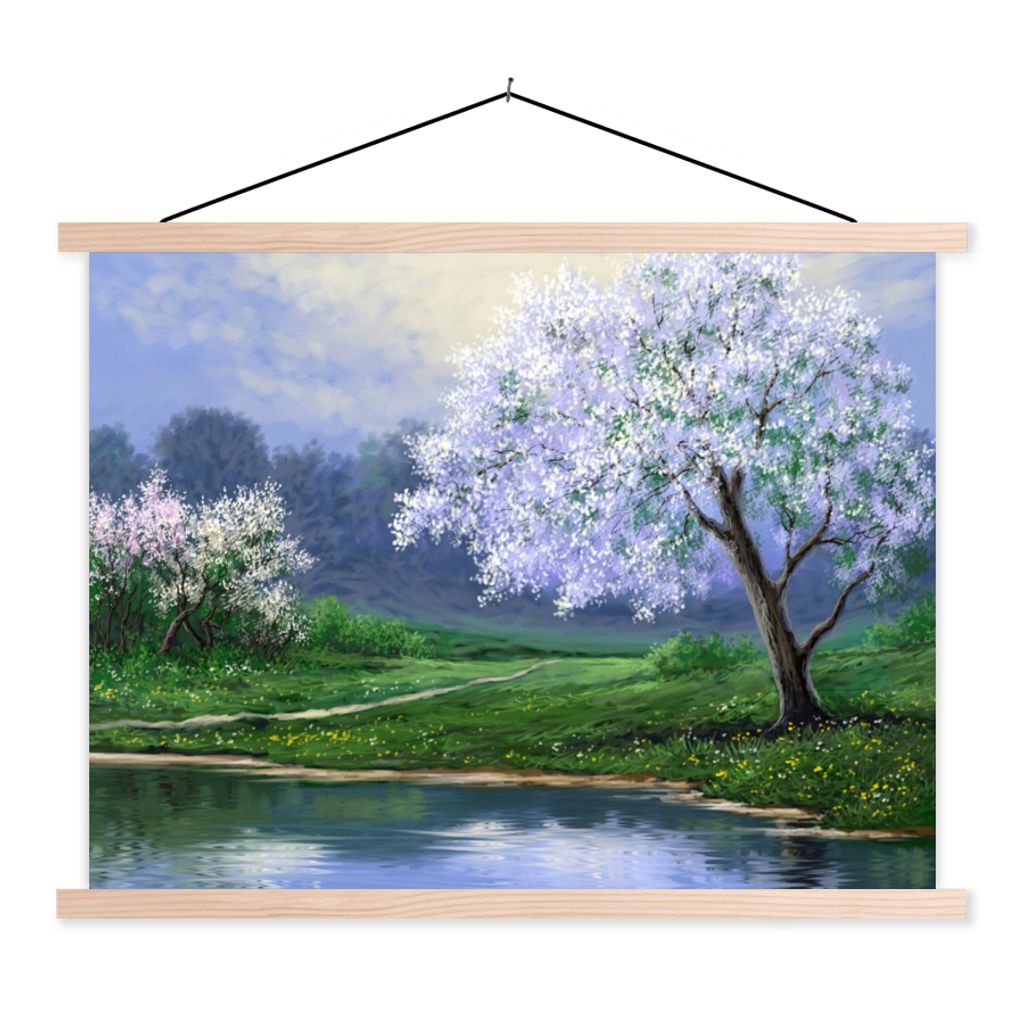 MuchoWow Textilposter Malerei - Baum - Blüte - Natur - Wasser 120x90 cm mit holzfarbenen Rahmen - Magnetisch