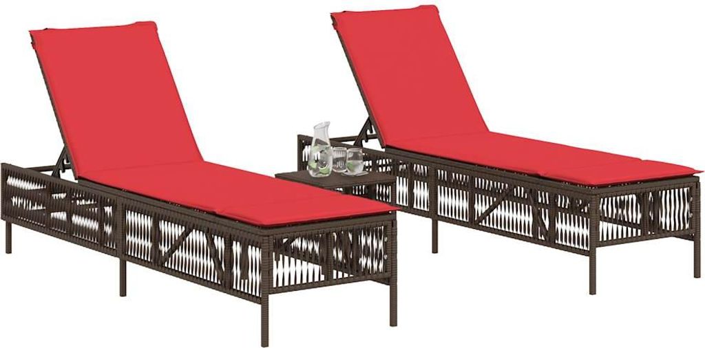 vidaXL Sonnenliegen 2 Stk. mit Tisch Braun Poly Rattan