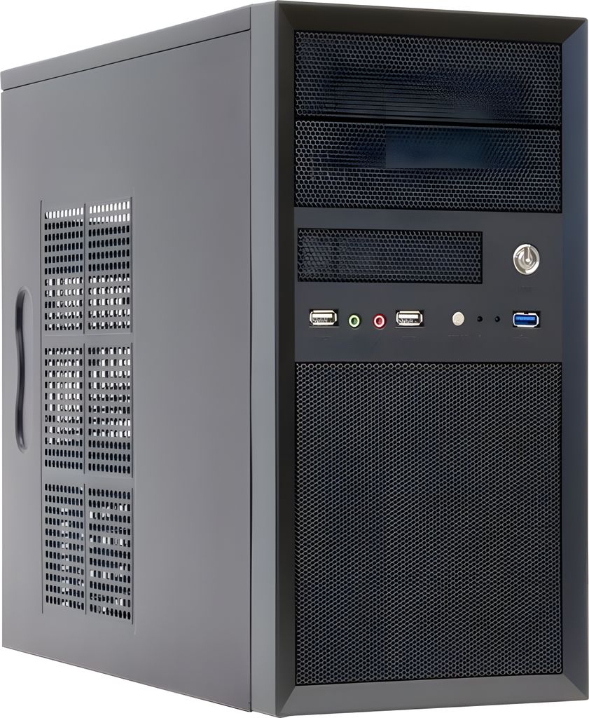 A black computer tower case is shown from a three-quarter angle against a white background.