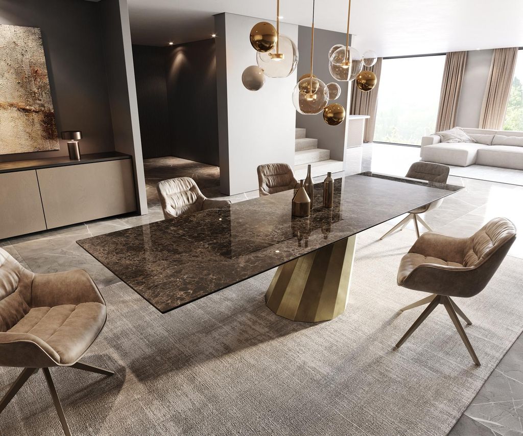 DELIFE Esstisch Edge 300x100 Keramik Emperador Extra Lucidato Dunkelbraun Parabel Metallic Gold