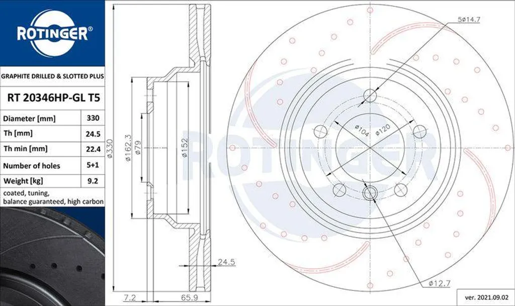 Disque de frein ROTINGER RT 20346HP-GL pour BMW Série 3 E90 et E91 T5