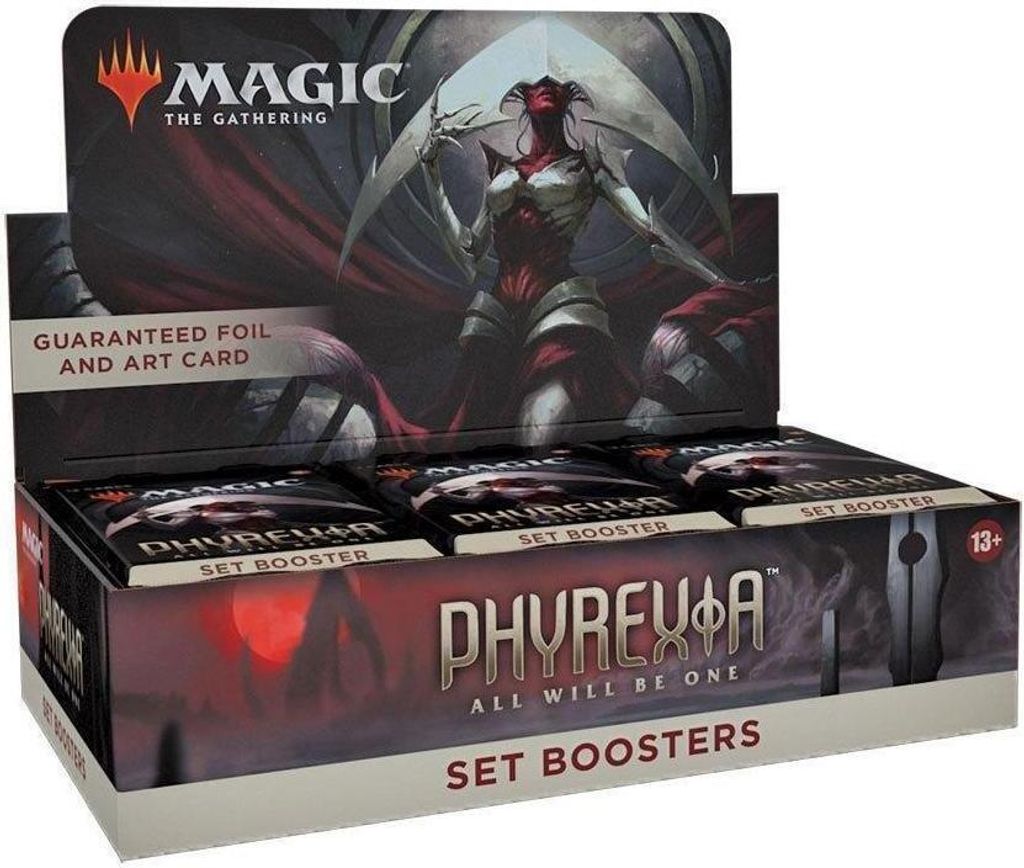 A display box of Magic the Gathering Phyrexia: All Will Be One Set Boosters.