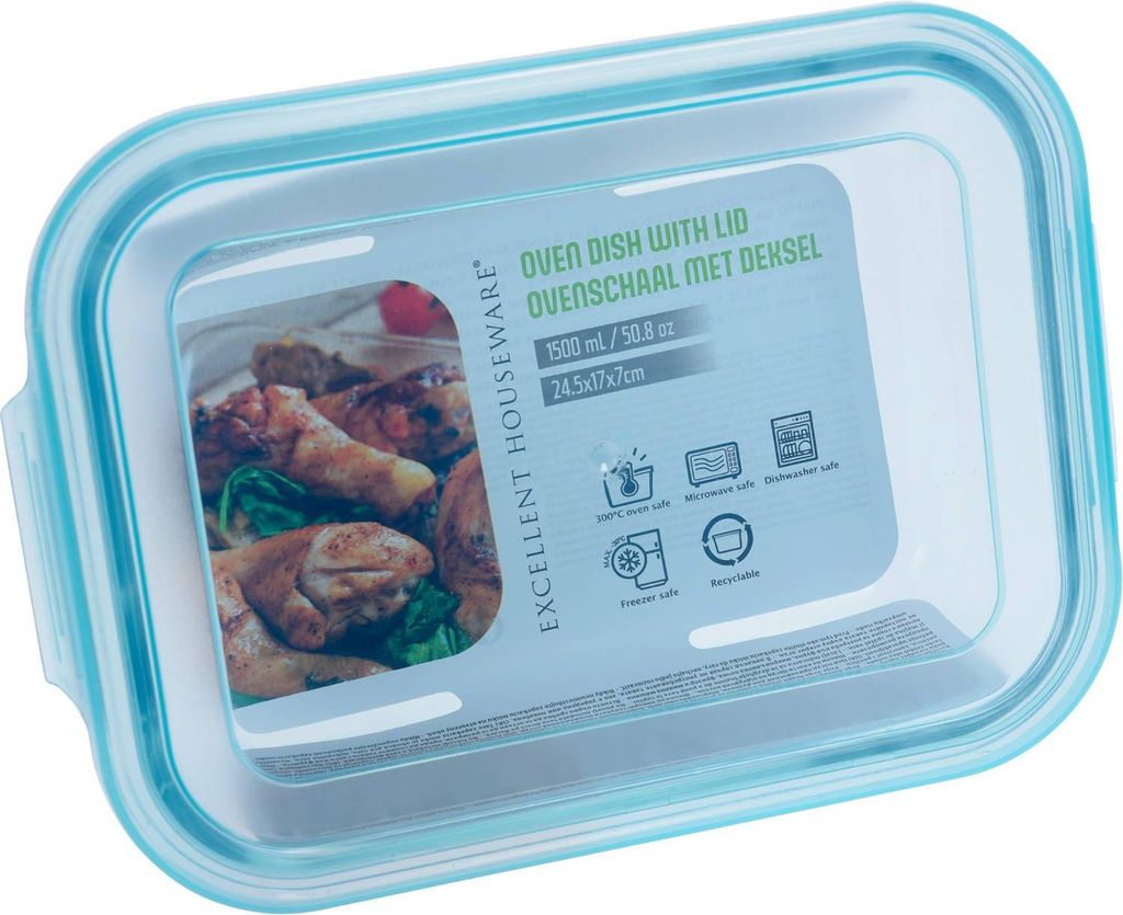 A glass oven dish with a blue lid, showing a picture of food inside and product information on the lid.