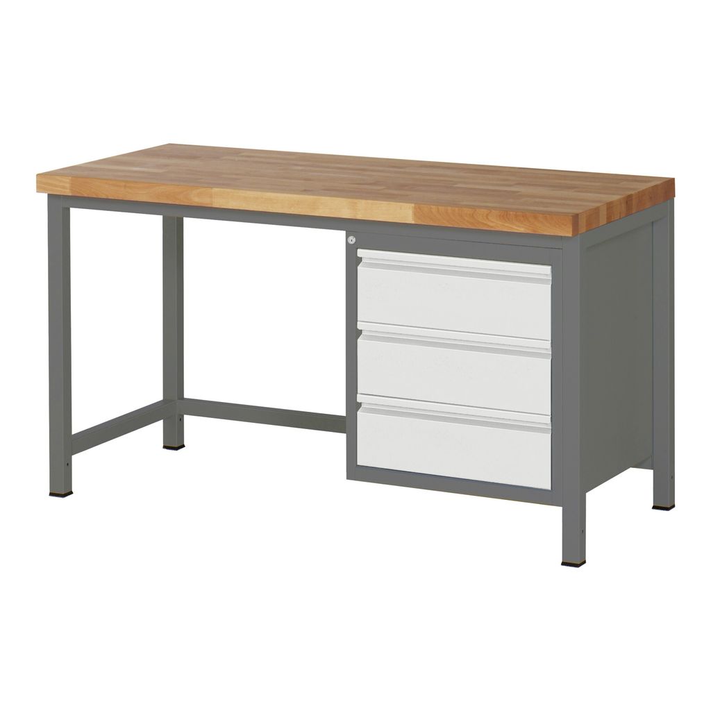 STIER Höhenverstellbare Werkbank Premium, 3 Schubladen, 150x70x84-104cm, Stahl und Buche