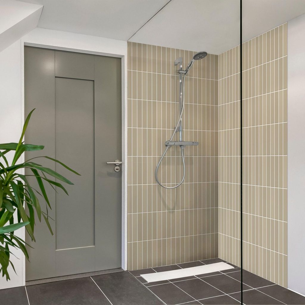 Duschrückwand mit Motiv selbstklebend - 0.35 mm Wandpaneel wasserfest Design beige Fliesenoptik Unifarben Badrückwand fugenlos Smart matt 100x20...