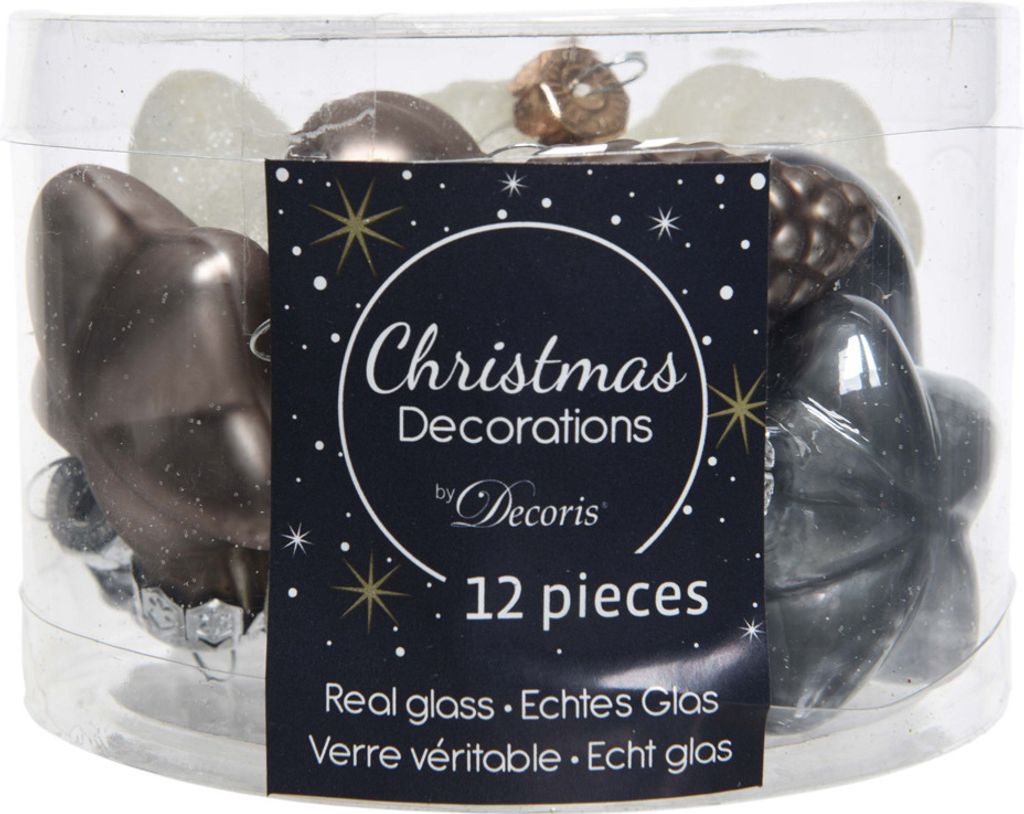 Christbaumschmuck Figuren Mix Glas 4cm 12er Set - Braun / Grau / Weiß