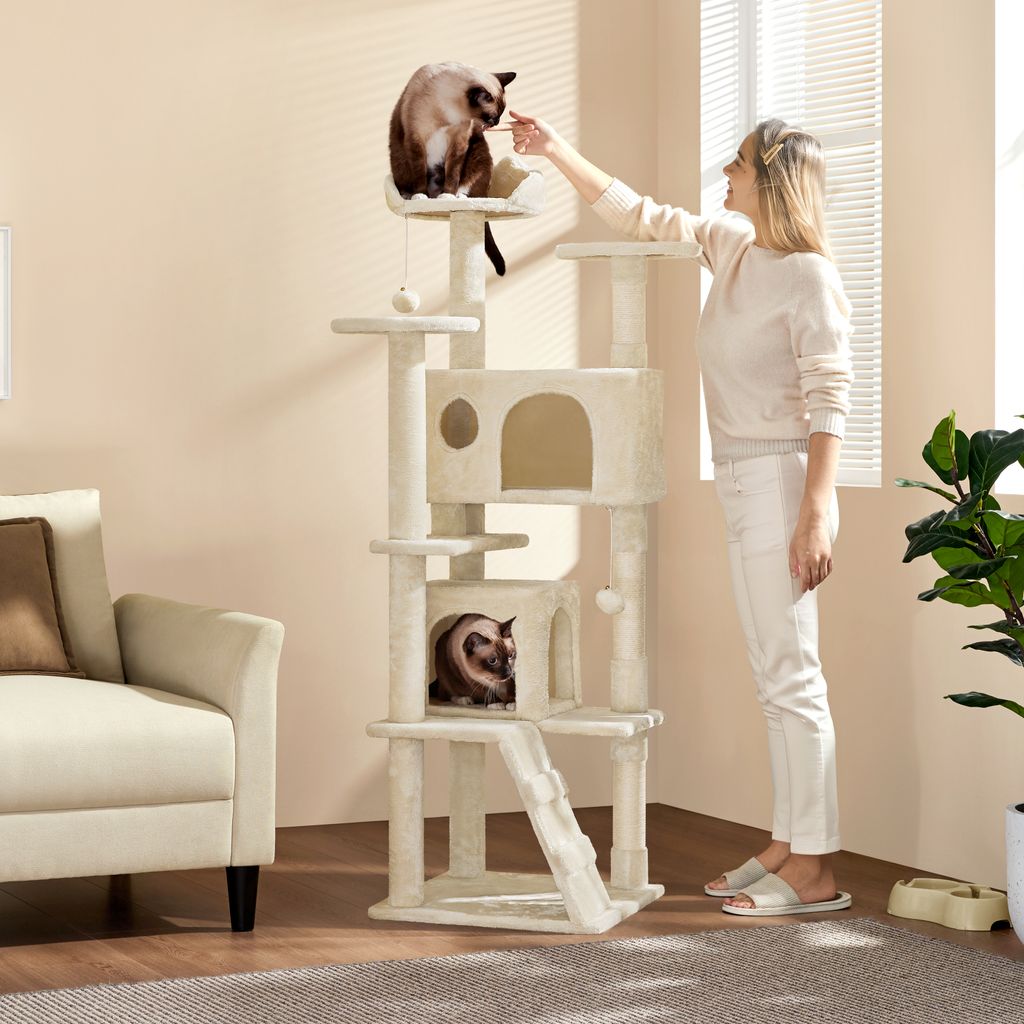 A woman is interacting with cats on a cat tree in a living room.
