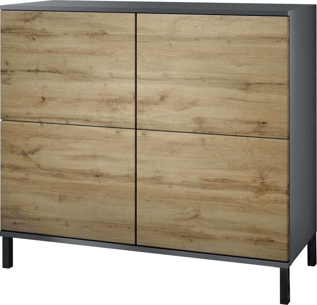 Vladon Kommode Rova V3, Moderner Küchenschrank mit 4 Push-to-Open Türen Anthrazit matt / Eiche Wotan (92,5 x 83.5 x 35)