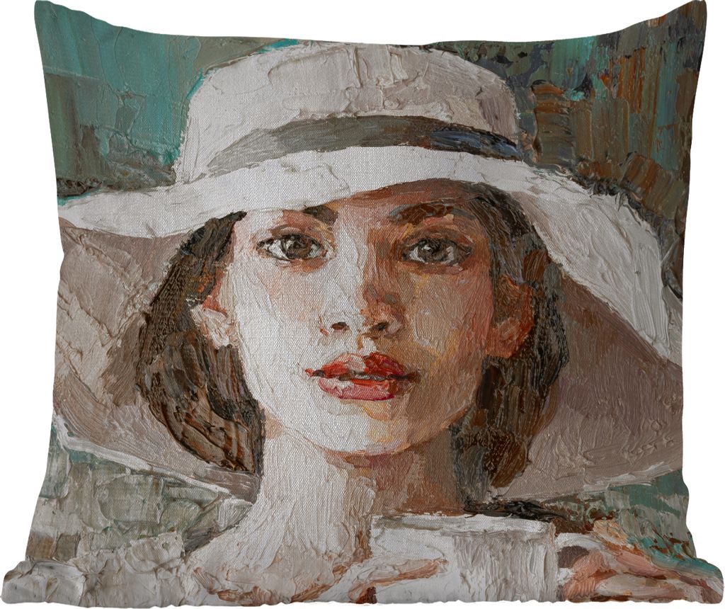 MuchoWow Outdoor Kissen - Gemälde - Ölfarbe - Frau - Kaffee - Hut - 45x45 cm - Wetterfest - Lounge Kissen - Fotokissen - Dekoratives Kissen