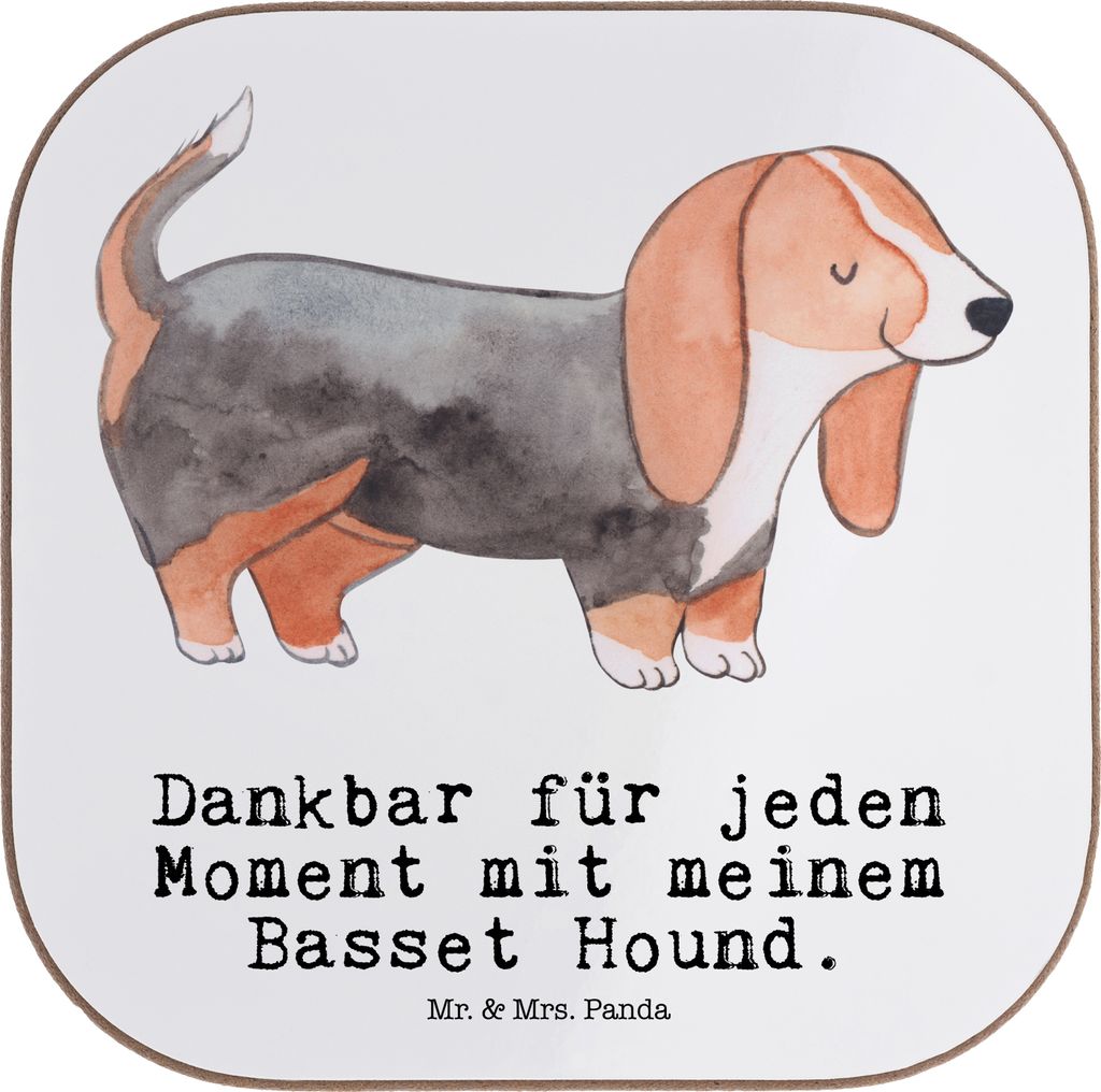 Mr. & Mrs. Panda Holzuntersetzer Basset Hound Moment - Weiß - Geschenk, Tassen Untersetzer, für Gläser, Coaster, gläseruntersetzer, Quadratisch