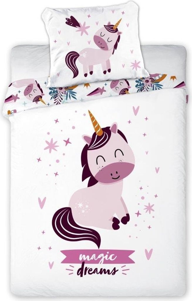 A flat lay of children's bedding with a unicorn theme.