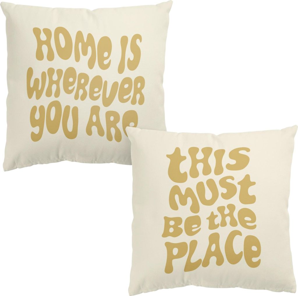 Dekokissen 2-teilig Sprüche drinnen / Indoor Zierkissen Canvas waschbar Motivation beige Sofakissen ohne Füllung