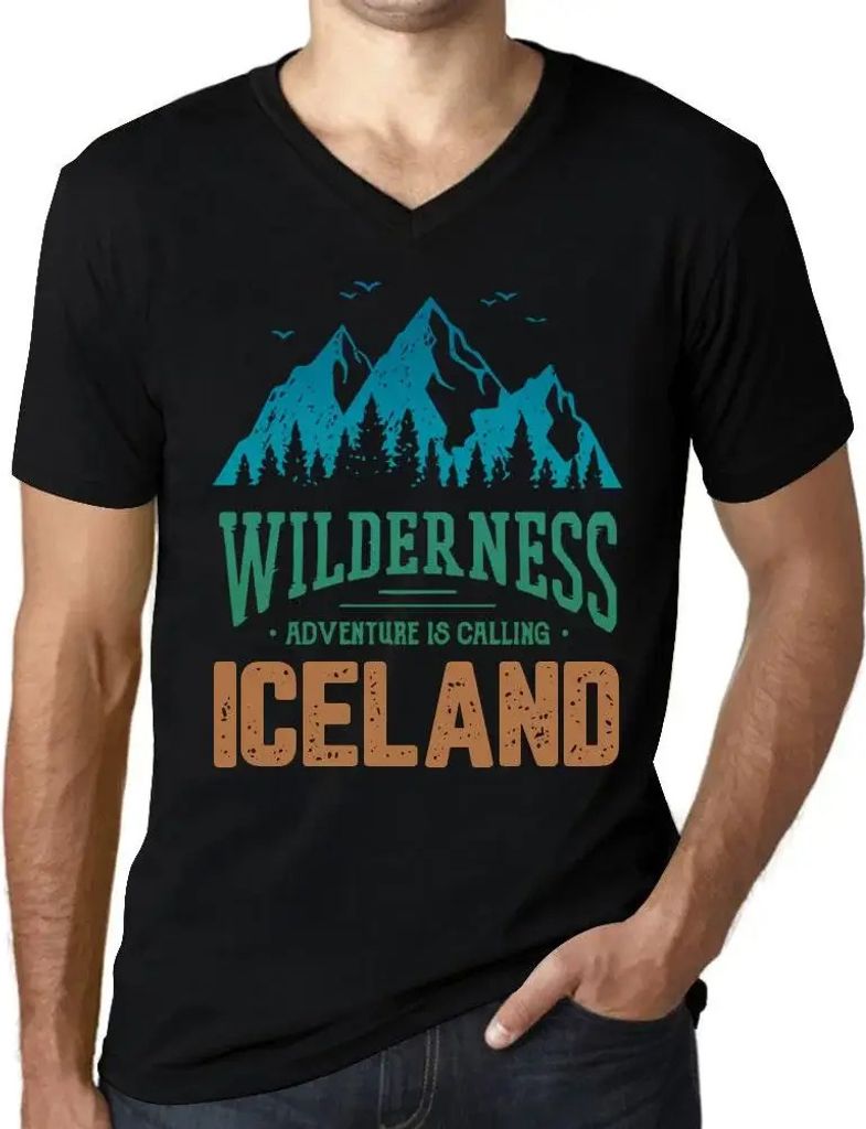 Herren Grafik T-Shirt V-Ausschnitt Wildnis das Abenteuer ruft Island – Wilderness, Adventure Is Calling Iceland – Öko-Verantwortlich Vintage J...