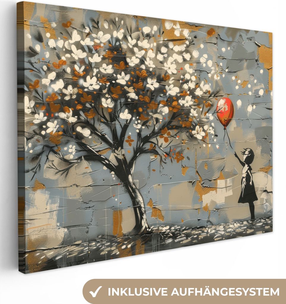 Leinwand Bilder 80x60 cm - Lebensbaum - Graffiti - Banksy-Stil - Ballonmädchen, Bilder, Wanddeko Wohnzimmer