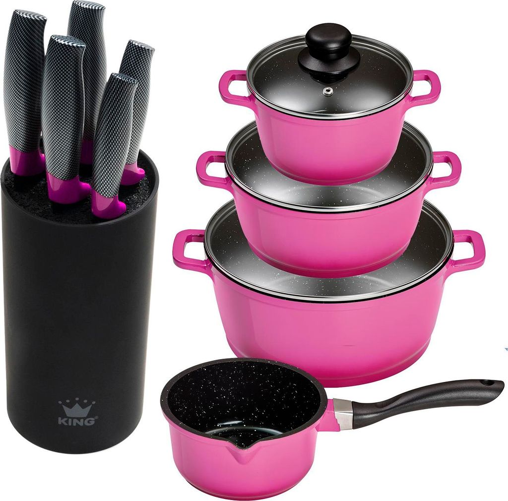 10tlg. KING Vorteilsset BERRY: 4tlg. Kochtopfset Aluguss Berry, 3xKochtöpfe in Ø16,Ø20,Ø24cm, 1xStieltopf Ø16cm + 6tlg. Messerset CARBON BERRY...