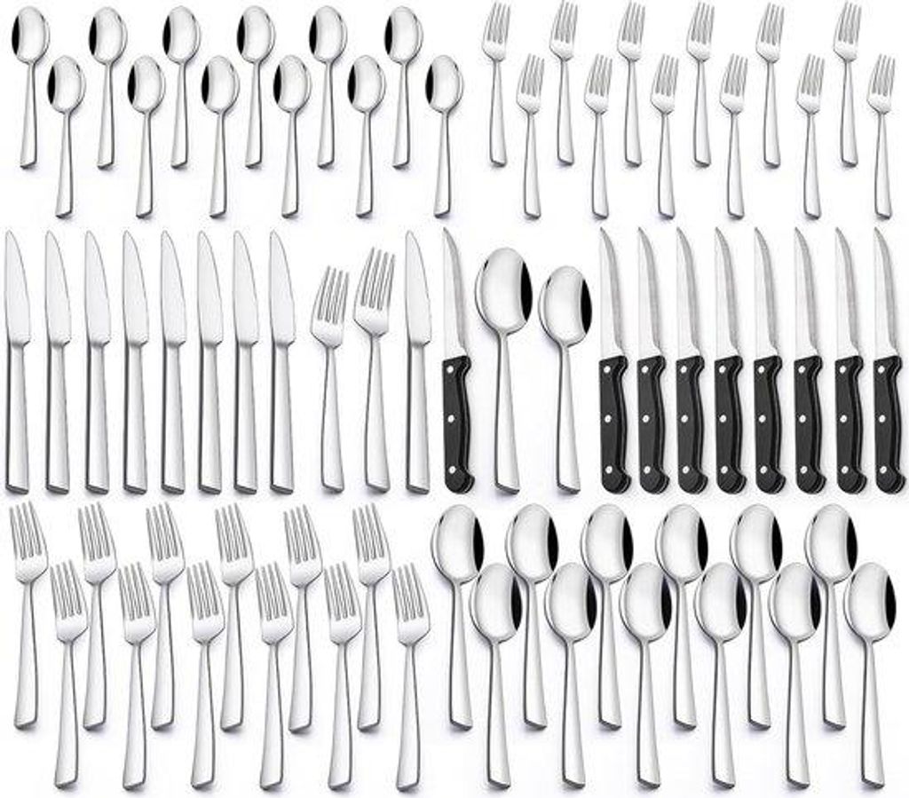 Silbernes 72-teiliges Speisetischbesteck für 12 Personen, mit High-Lighter-Messer, Tafelbesteck mit Messer, Gabel und Löffel, hochwertiges Servie...