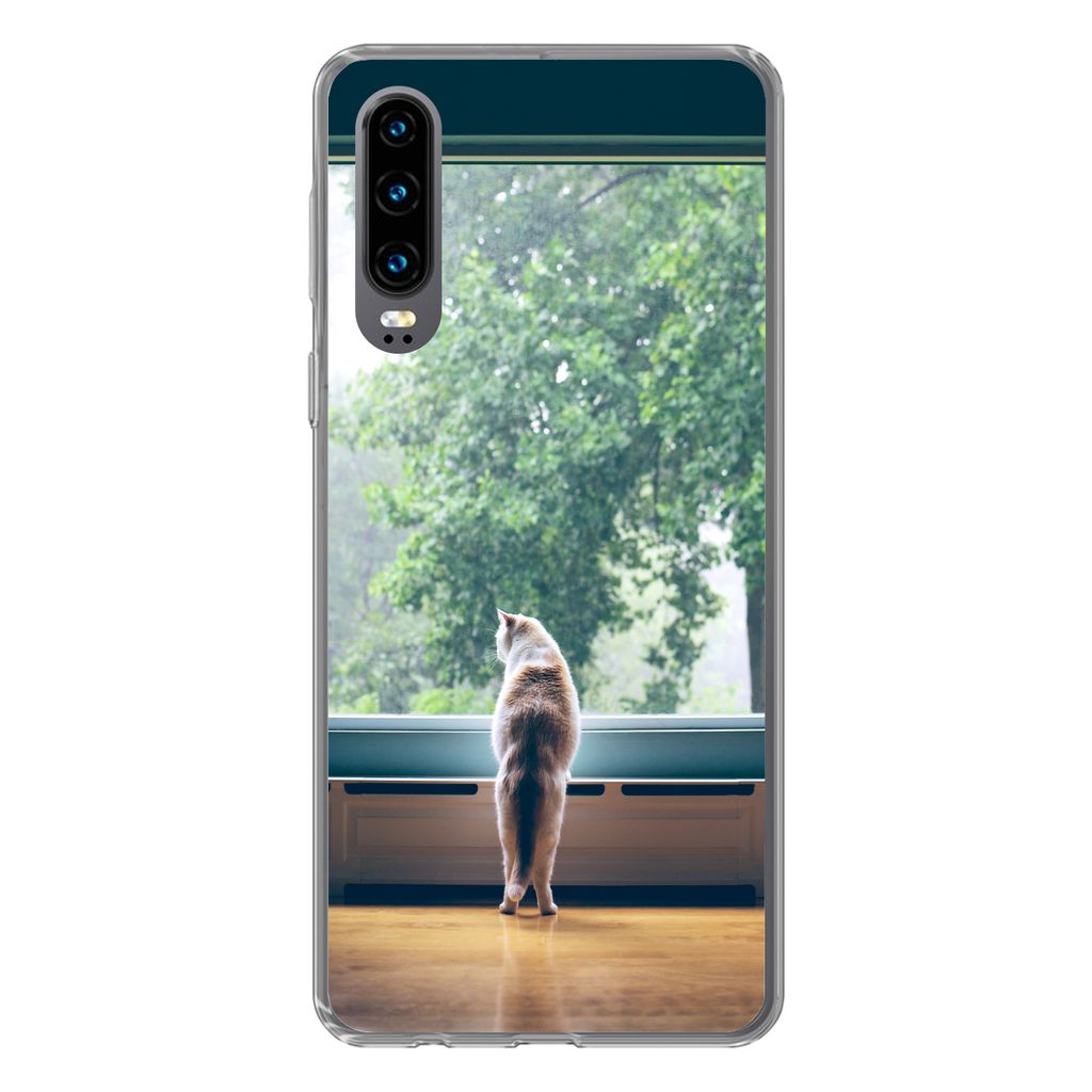 MuchoWow Handyhülle Schutzhülle Hülle für Huawei P30 Katze - Fenster - Pflanzen Silikon Softcase Handy Hülle - Kartenbesitzer