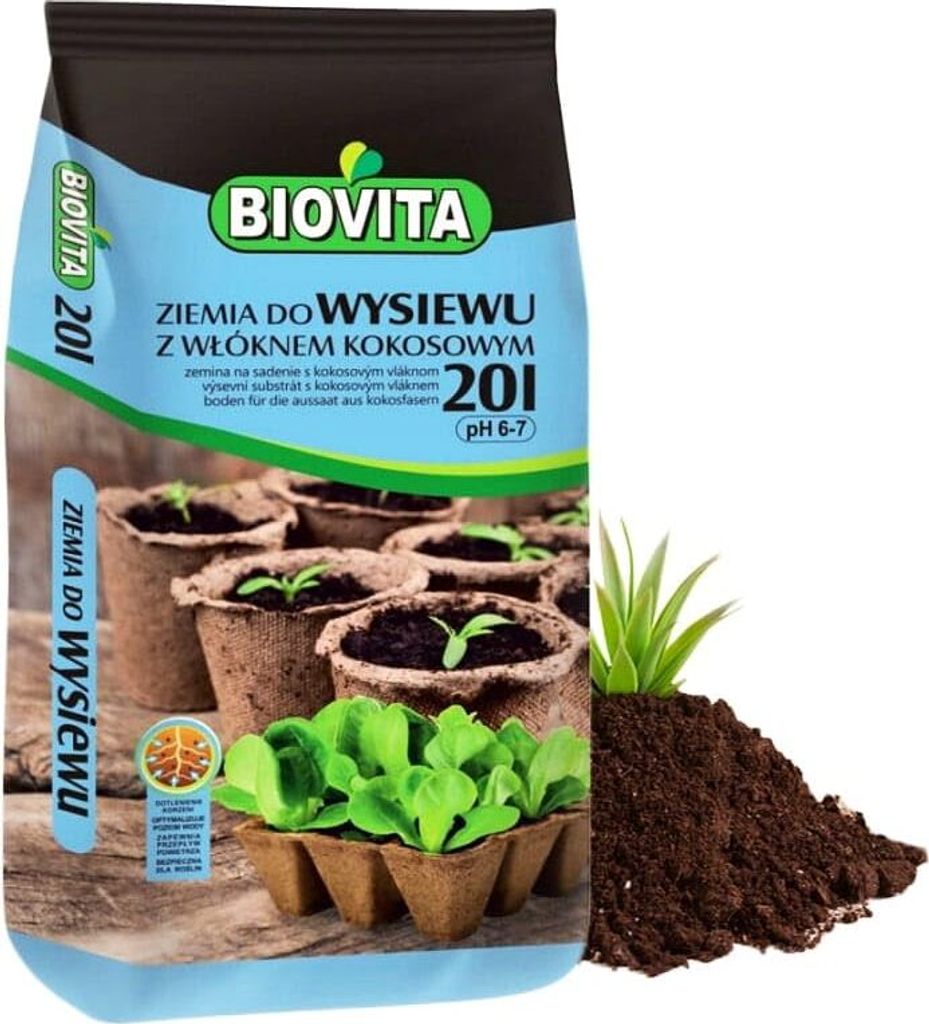 A bag of Biovita potting soil with seedlings in pots.