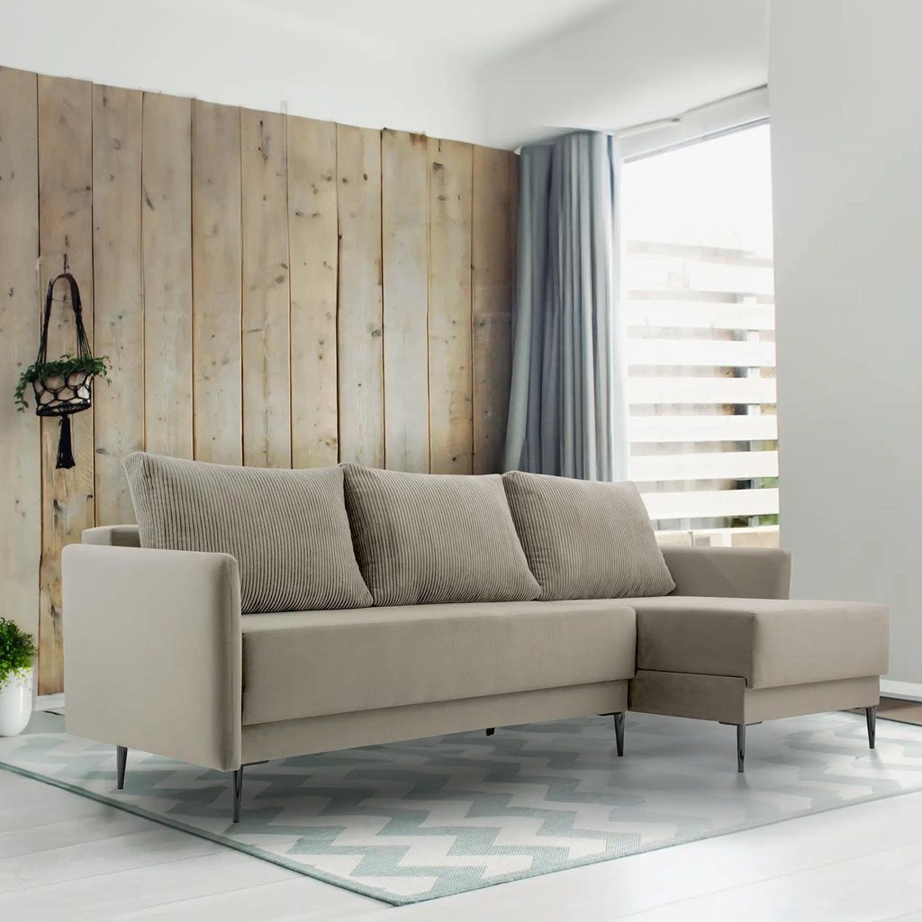 Ecksofa Pedro, Wohnzimmer, Schlafsofa Sofa 3-Sitzer Sofa freistehendes Polstersofa Bettkasten 230 cm rechte Ottomane beige (Paros 03, Poso 03)
