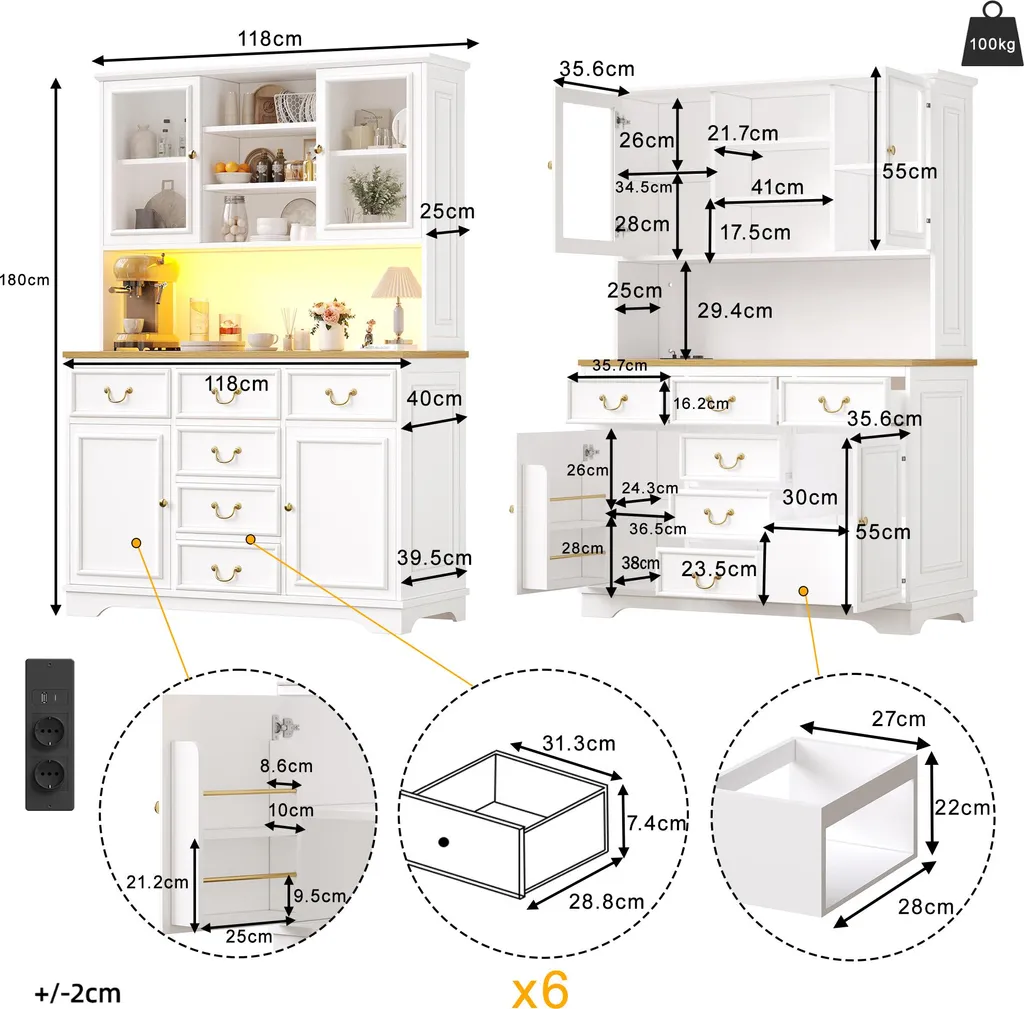 Meuble de cuisine avec prises USB intégrées et vitrine LED - 180 cm