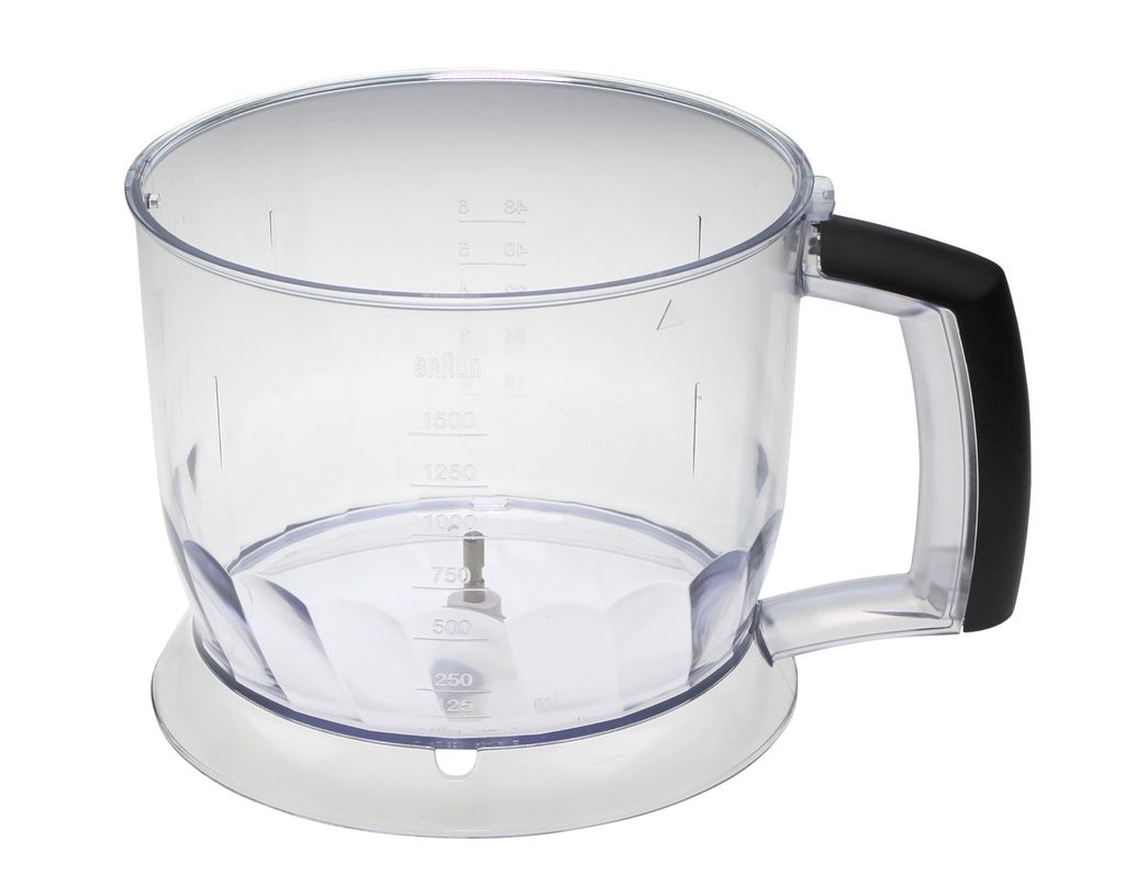 A clear, studio shot of a transparent blender attachment with a black handle against a white background.