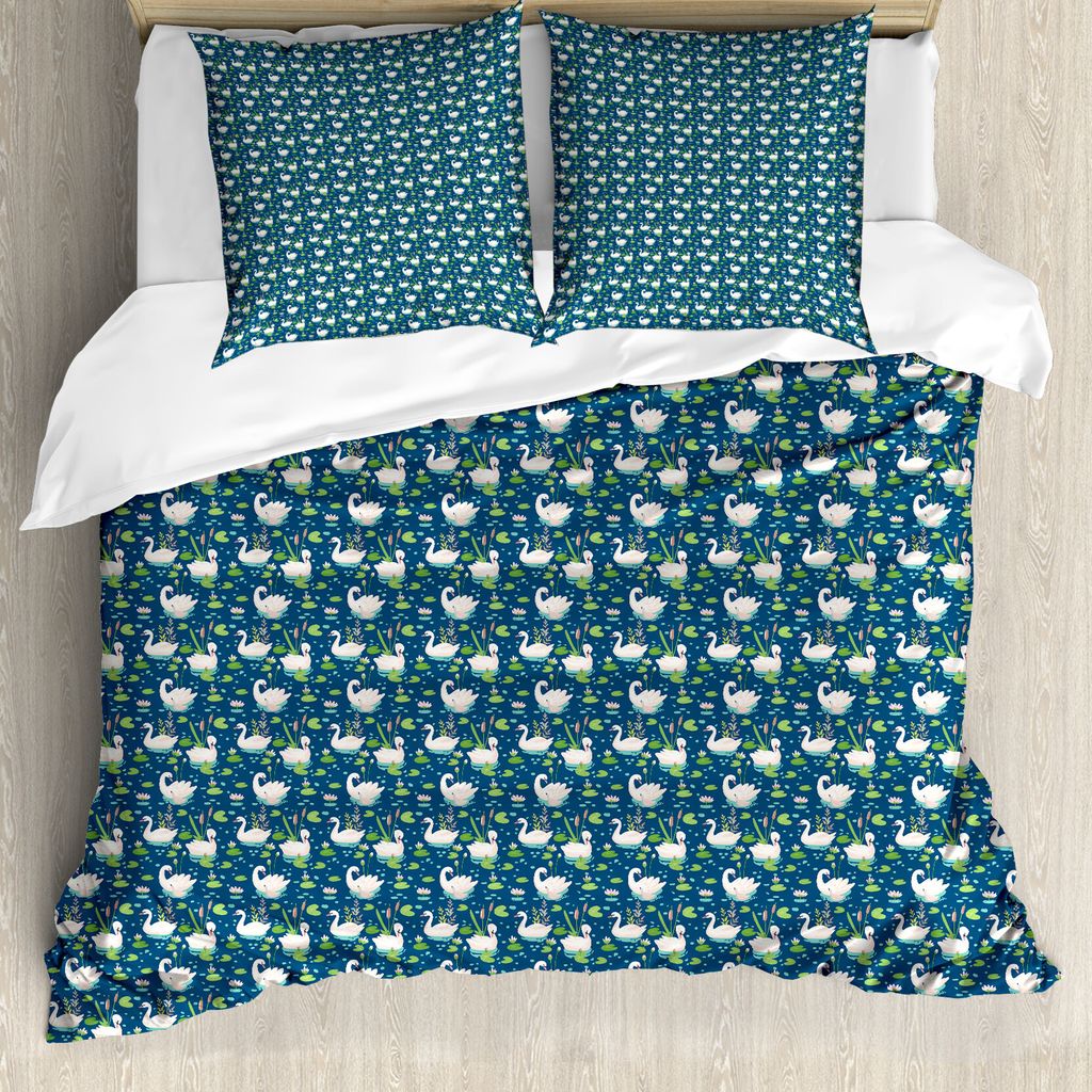 ABAKUHAUS Swans Bettbezug Set für Einzelbetten, Wasservögel Lotus Blumen, Milbensicher Allergiker geeignet mit Kissenbezug, 200 cm x 200 cm - 80 ...