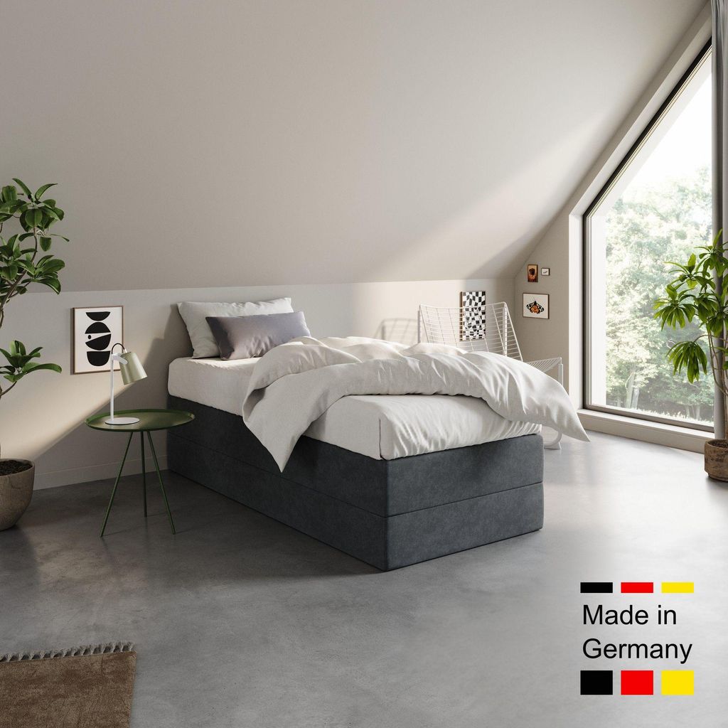 Home Collective Boxspringbett Polsterbett Bett wählbare Matratze Kaltschaum H3, Micro-Velours, platzsparend ohne Kopfteil | 100x200 | Anthrazit