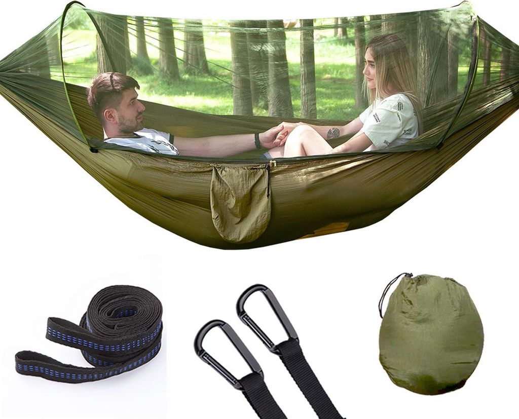 Automatisch schnell einstellbare Hängematte mit Moskitonetz – Camping im Freien mit Stange, Anti-Moskito-, Anti-Roll-Nylon-Hängematte mit Netz