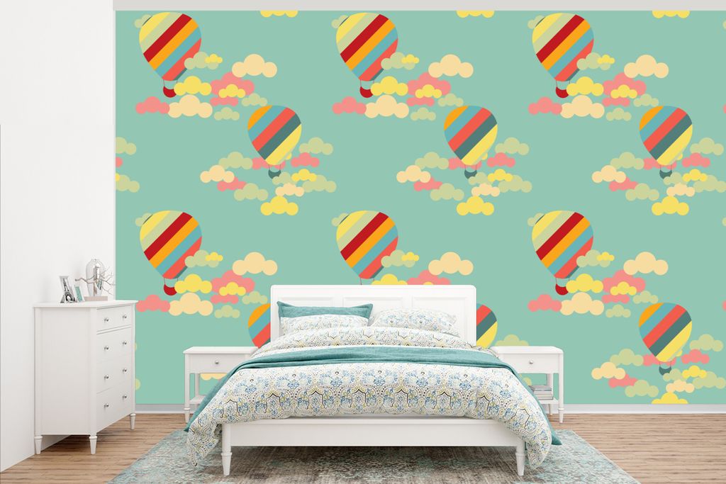 MuchoWow Fototapete für Wohnzimmer oder Schlafzimmer Wandtapete Vinyl Motivtapete Heißluftballon - Schnittmuster - Baby - 375x240 cm - Wand Tapete