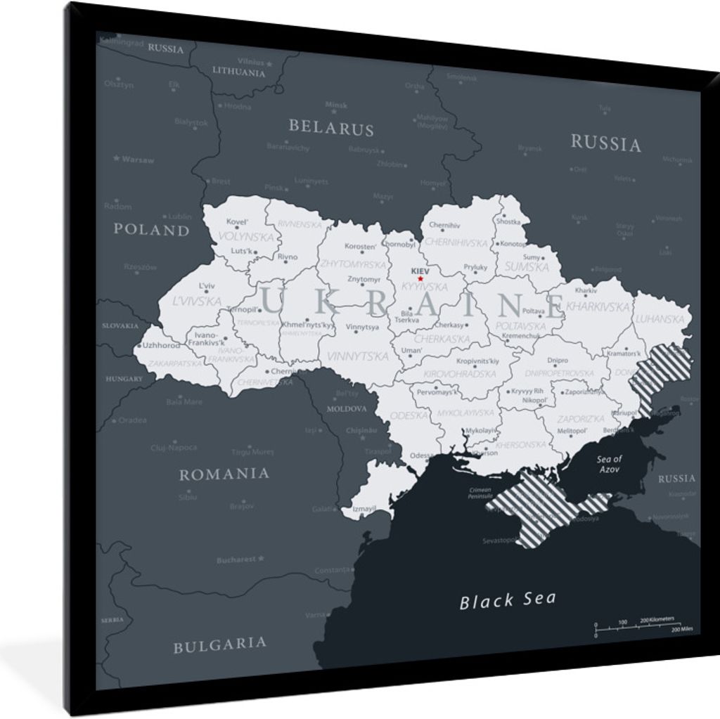 MuchoWow Gerahmtes Poster Illustration einer weißen Karte der Ukraine 40x40 cm - Poster mit Schwarzem Bilderrahmen Wandposter Rahmen Foto Bilder...