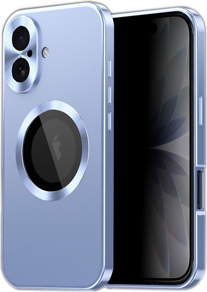 A blue iPhone case with a silver metallic frame is shown diagonally, with the screen side facing the viewer.