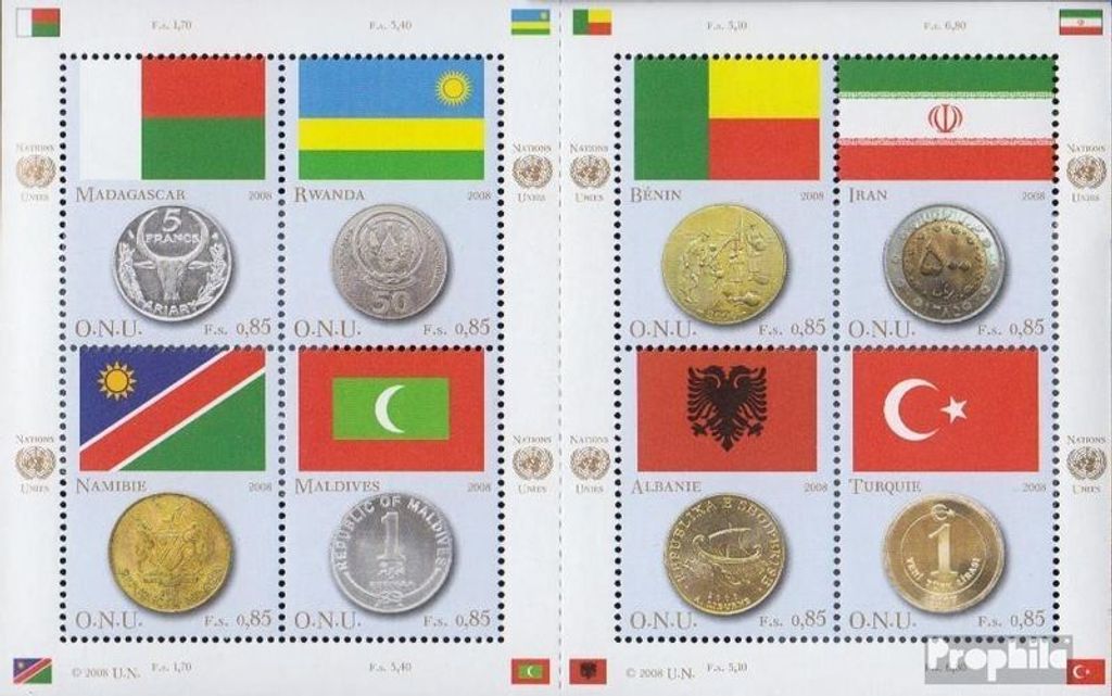Briefmarken UNO - Genf 2008 Mi 592-599 Kleinbogen (kompl.Ausg.) postfrisch Flaggen und Münzen