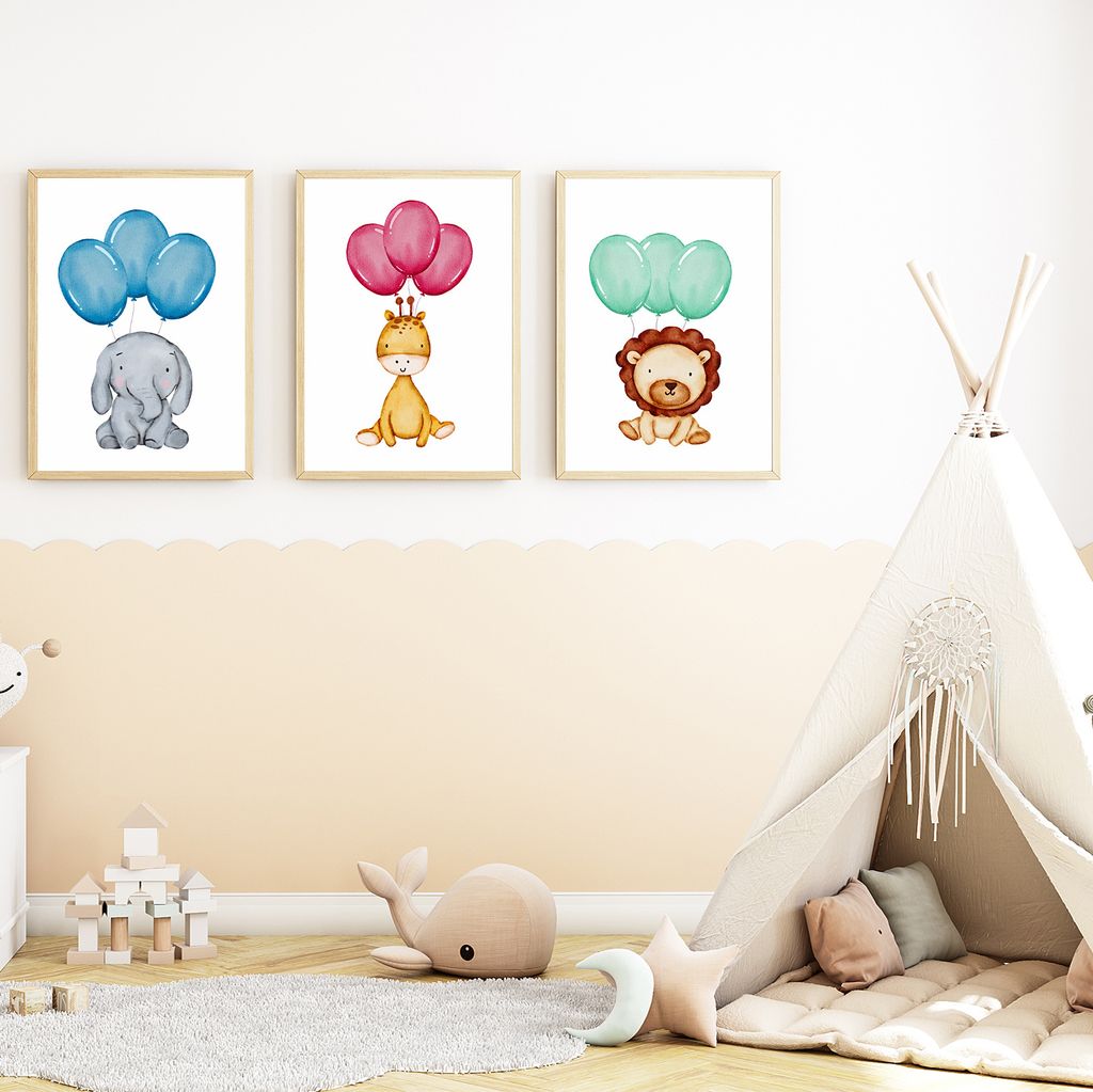 Safari Tiere Elefant Giraffe Löwe Luftballon 3er Set Kinderzimmer Bilder DIN A4 Wandbilder Deko Babyzimmer Poster