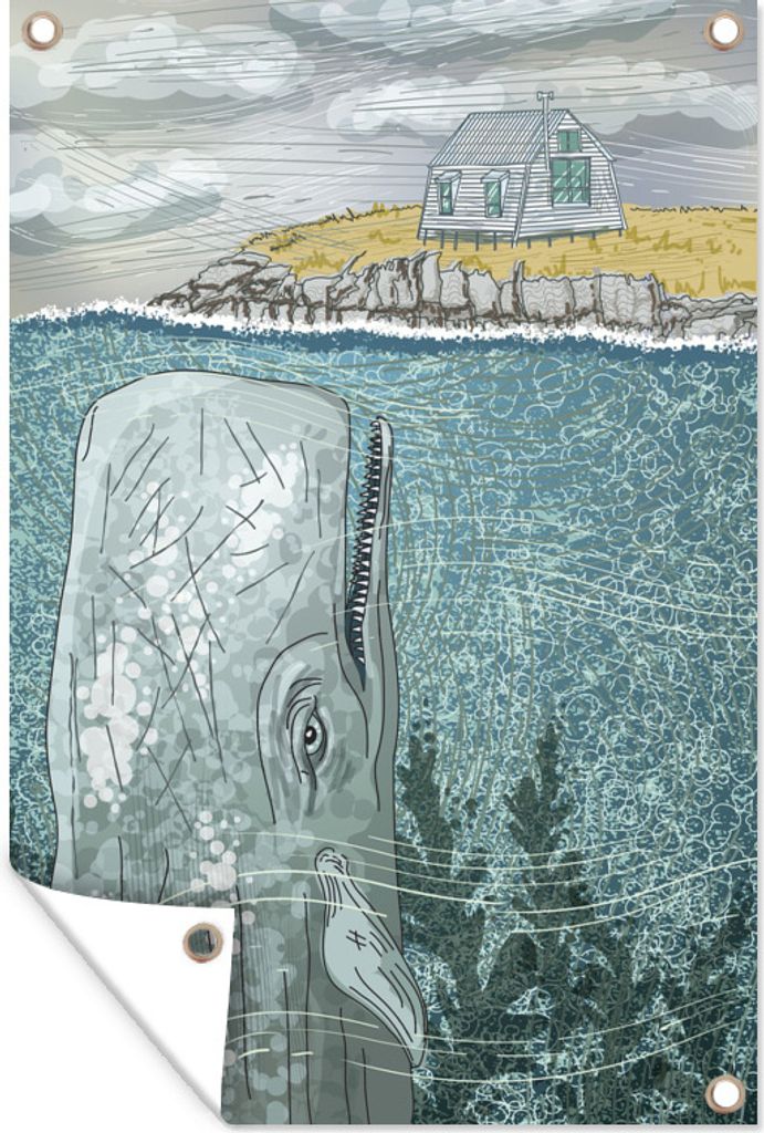 MuchoWow 60x90 cm Outdoor-Poster Gartendeko Sichtschutz Garten Poster für den Garten Eine Illustration eines riesigen Wals unter einem kleinen ...