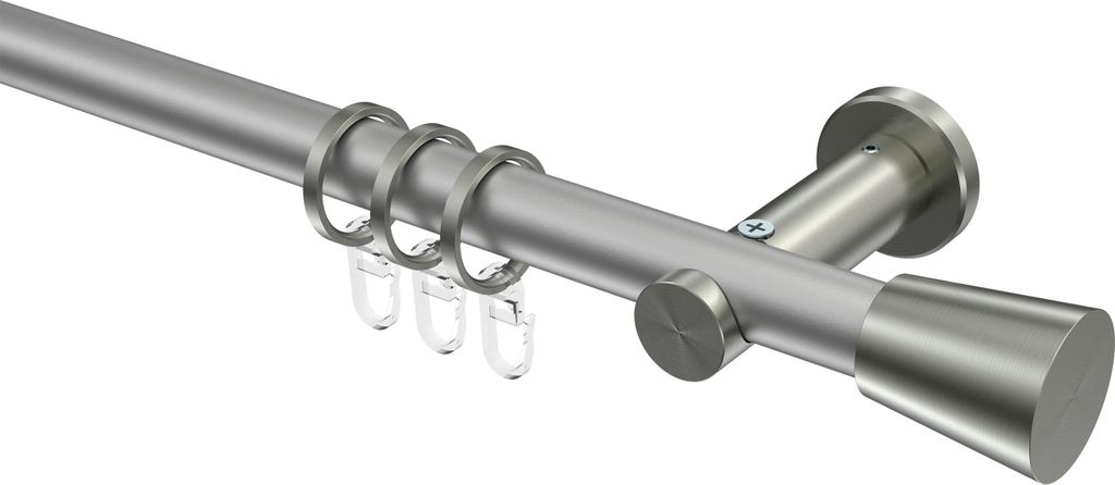 Interdeco Gardinenstange / Vorhangstange Silbergrau / Edelstahl-Optik, Typ Platon Sitra (Konus), 20 mm Ø 1-läufig, 200 cm