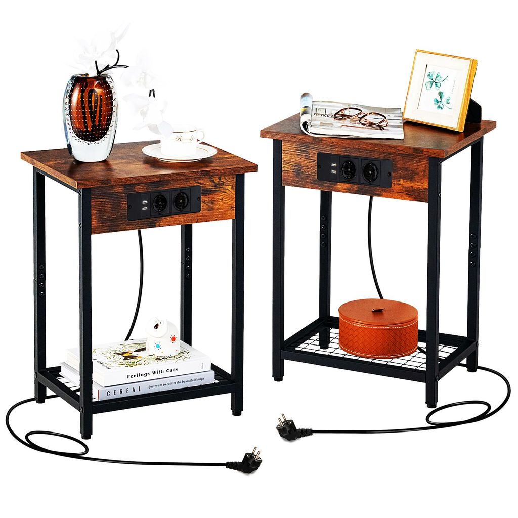 COSTWAY 2er Nachttisch, 2-stufiger Beistelltisch mit 2 Ladestation, 2 USB-Anschlüssen, Ablage braun