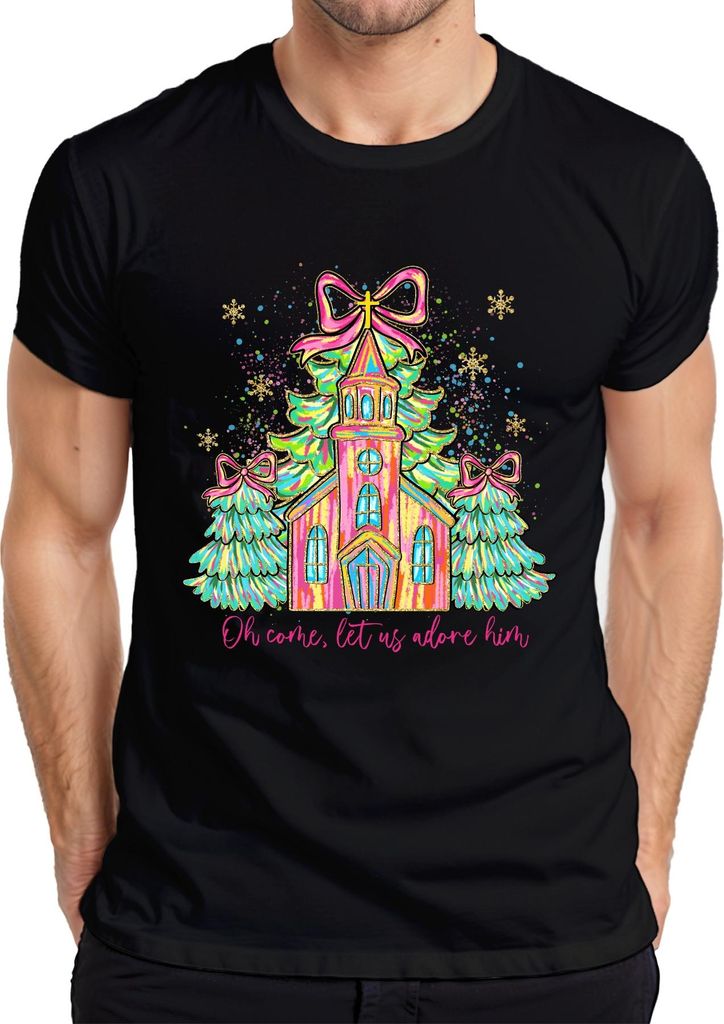 Oh Come Let Us Adore Him Kirche Tannenbaum Schleife Weihnachten Herren T-Shirt, Schwarz, L