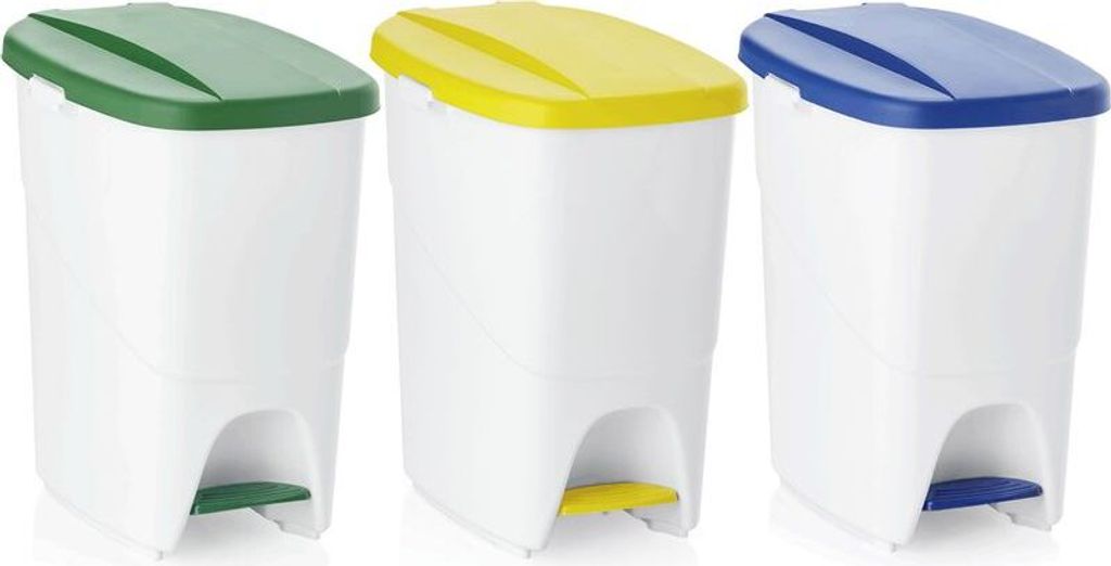 3 Tretabfallbehälter blau gelb grün 25 L Mülleimer, Polypropylen, Klick-System, erweiterbar