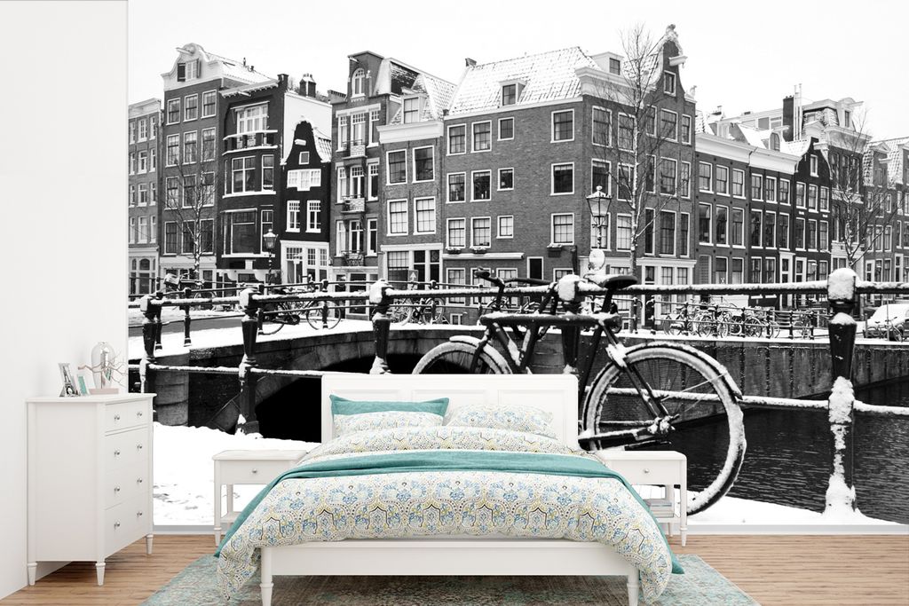MuchoWow Fototapete für Wohnzimmer oder Schlafzimmer Wandtapete Vinyl Motivtapete Amsterdam mit Schnee bedeckt - schwarz und weiß - 390x260 cm ...