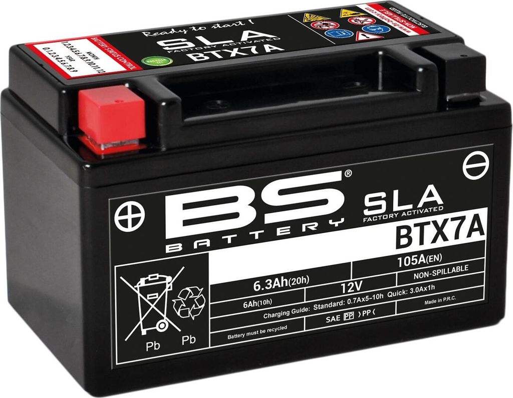 A black BS Battery SLA BTX7A battery shown from a diagonal angle.