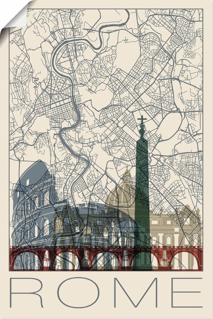 ARTland Poster Retro Karte Rom Italien und Skyline Größe: 60x90 cm