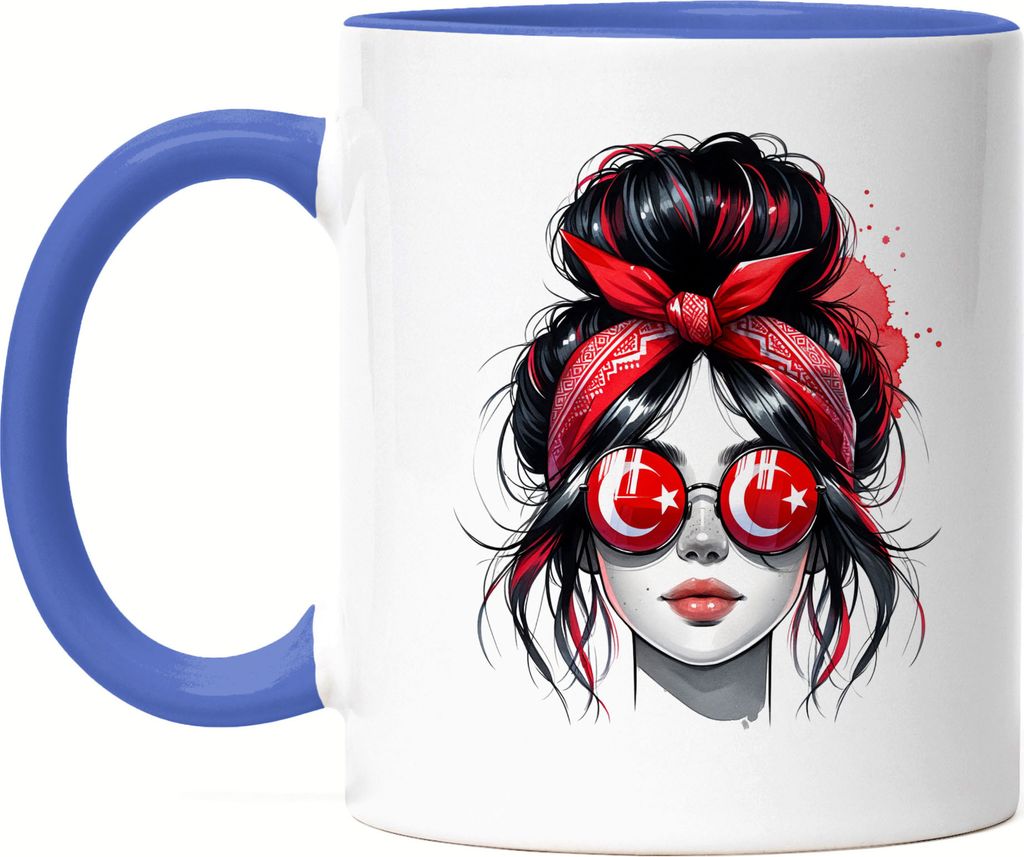 Stylisches Girl Mit Sonnenbrille Und Bandana Tasse Blau Geschenk für Mode Fans Frauen Türkei Design Modern