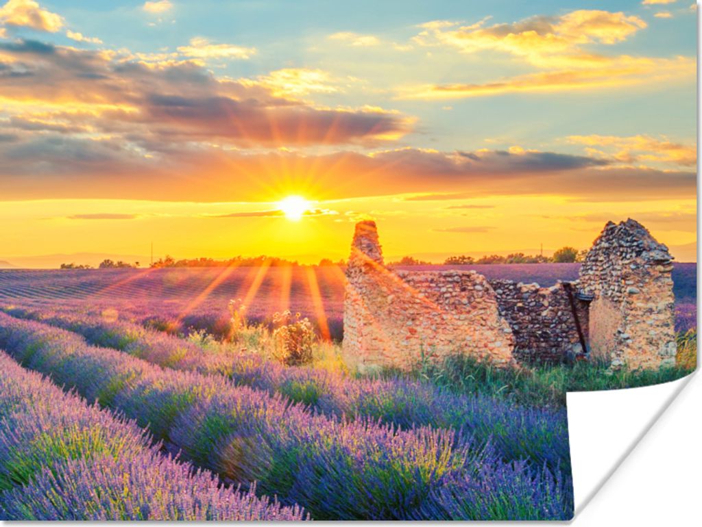 MuchoWow Poster Lavendel - Sonnenuntergang - Ruine - Lila 120x90 cm - Wandbild