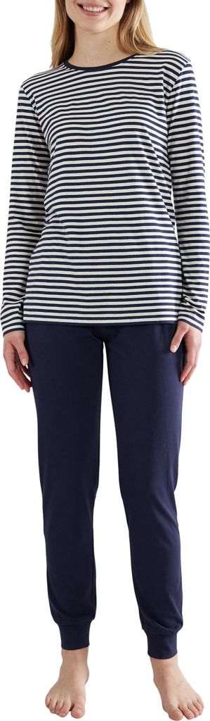 Götzburg Damen Schlafanzug Langarm - 100% Baumwolle, Winter Pyjama Set, Gestreift, Pyjamahose mit Bündchen Größe: 38