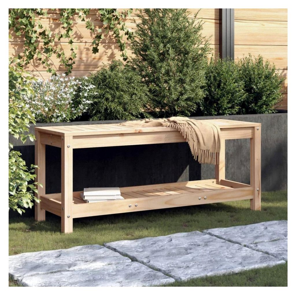 Gartenbank aus massivem Kiefernholz mit Latten-Design und Ablage, 108x35x45 cm