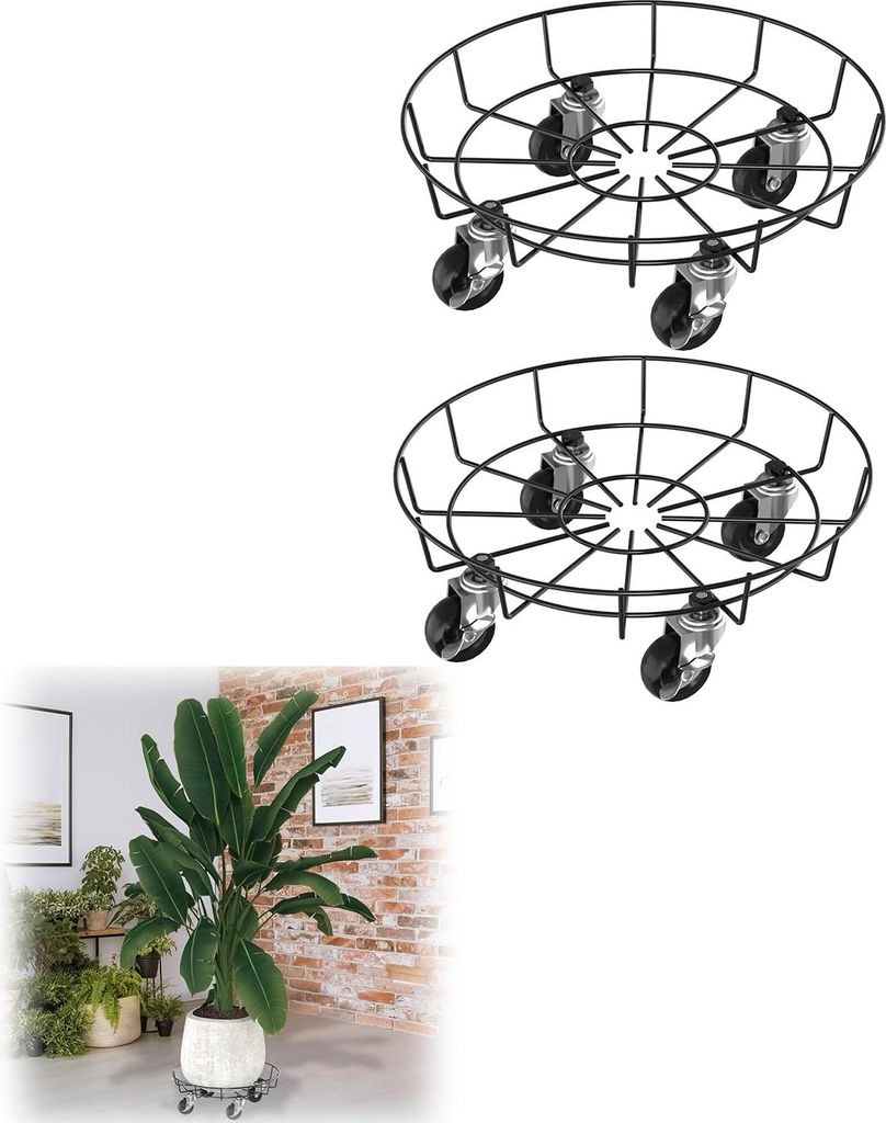 ACXIN 2 Stück Pflanzenroller Metall, 33 cm Rund Blumentopf Untersetzer mit Abschließbaren Rollen, Schmiedeeisen Blumenroller für Außenbereich, ...
