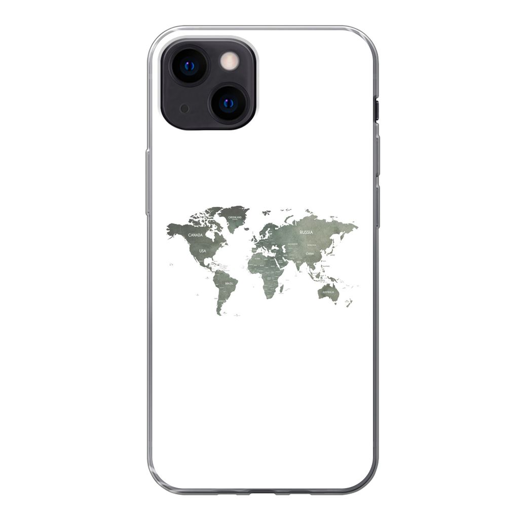 MuchoWow Handyhülle Schutzhülle Hülle für iPhone 13 mini Weltkarte - Grün - Weiß Silikon Softcase Handy Hülle - Softcase