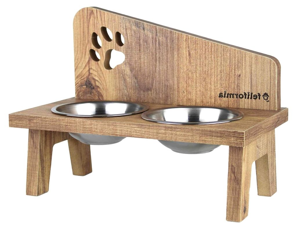 Futternapf für Katzen, 600 ml, Holzständer mit zwei erhöhten Edelstahlschüsseln
